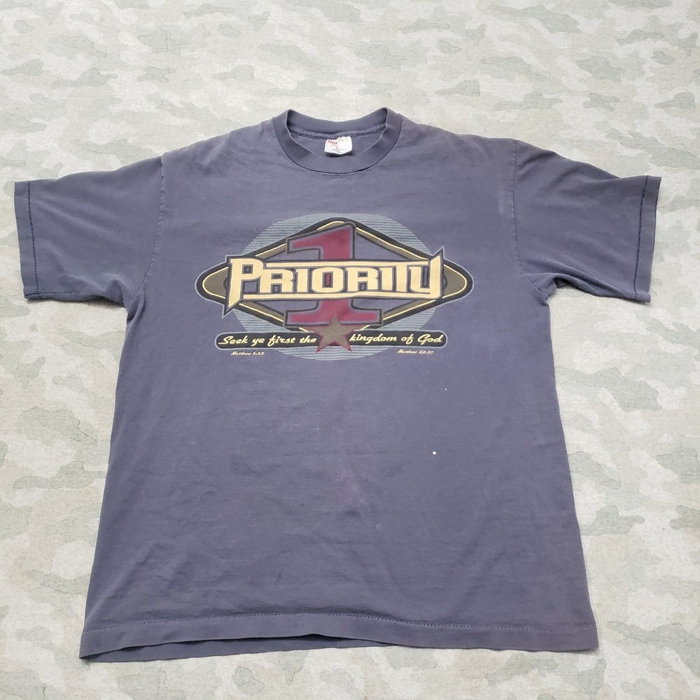 Vintage Religious Shirt Mens XL Blue Short Sleeve Single Stitch Made In USA